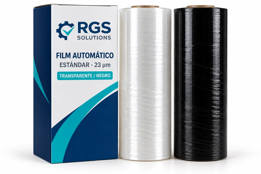 Caja RGS Solutions con bobinas de film automático estándar transparente y negro
