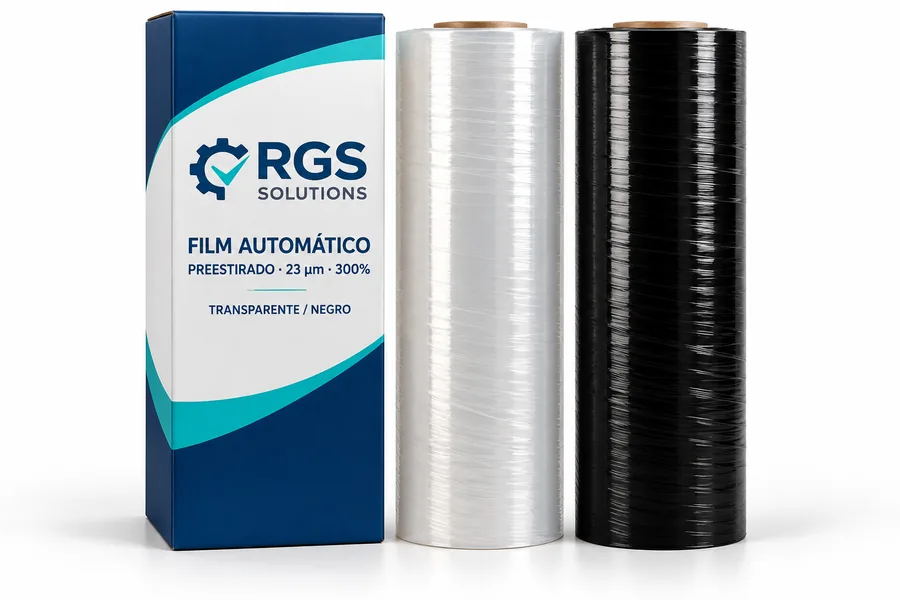 Caja RGS Solutions con bobinas transparentes y negras de film automático preestirado